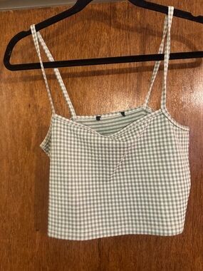 Gingham Spaghetti Strap Crop Top - Sage Green
